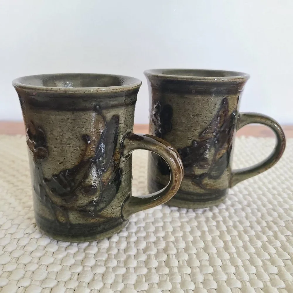 Vintage Handmade Brown Stoneware Glazed Pottery Coffee Mugs Tea Cups Eclectic